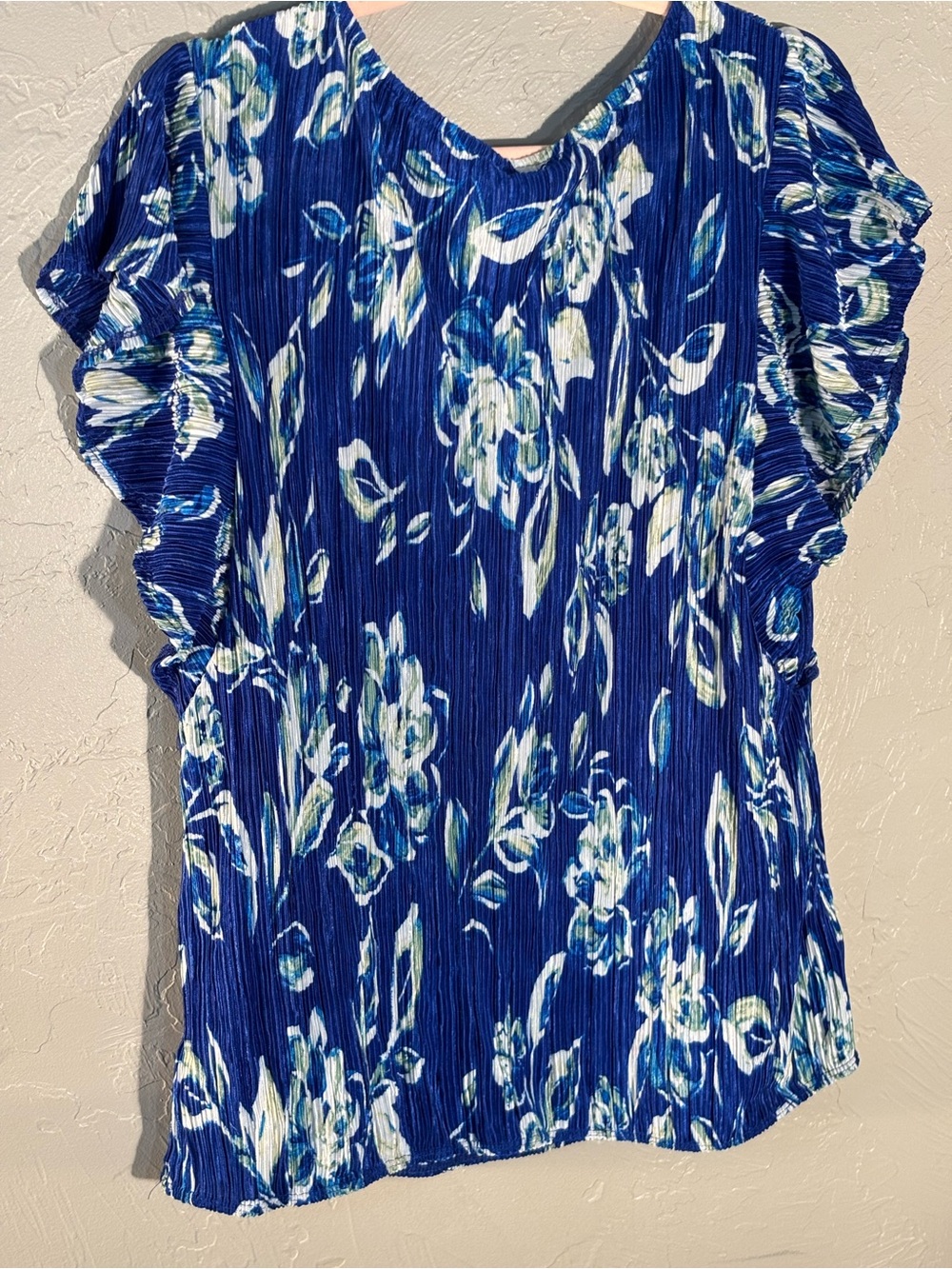 PerSeption Concept Royal Blue Floral Pleated Ruffle Sleeve Top